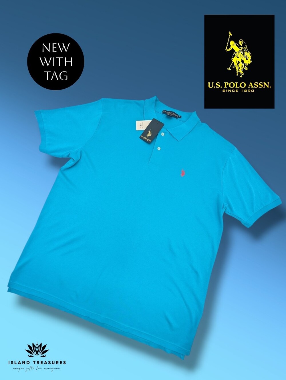 NWT U.S. Polo Assn. Shirt Sz XL Bright Blue/Teal Two Button with Embroiderey
